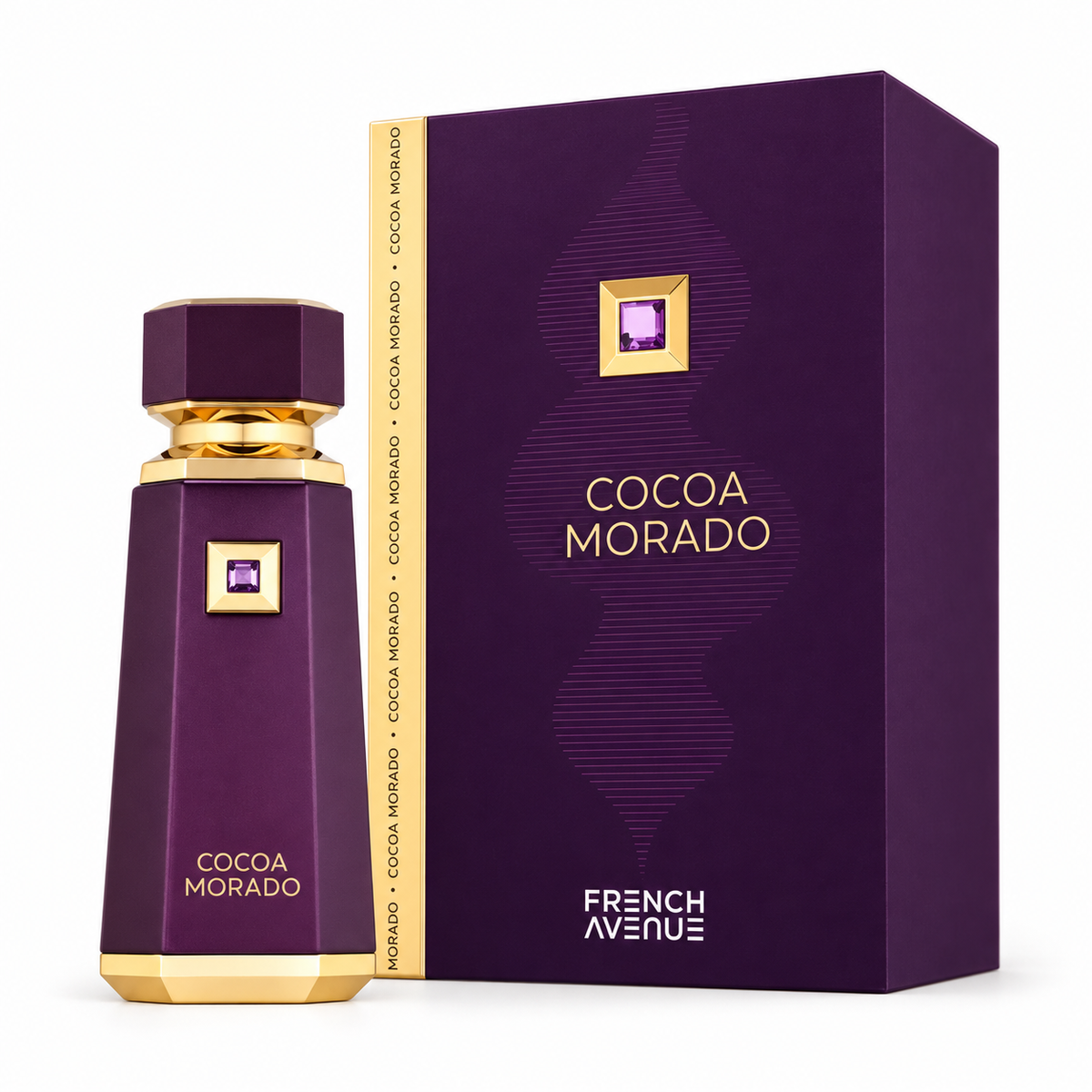 French Avenue Cocoa Morado 100 ml: Purple and gold bottle beside its matching box on a white background
