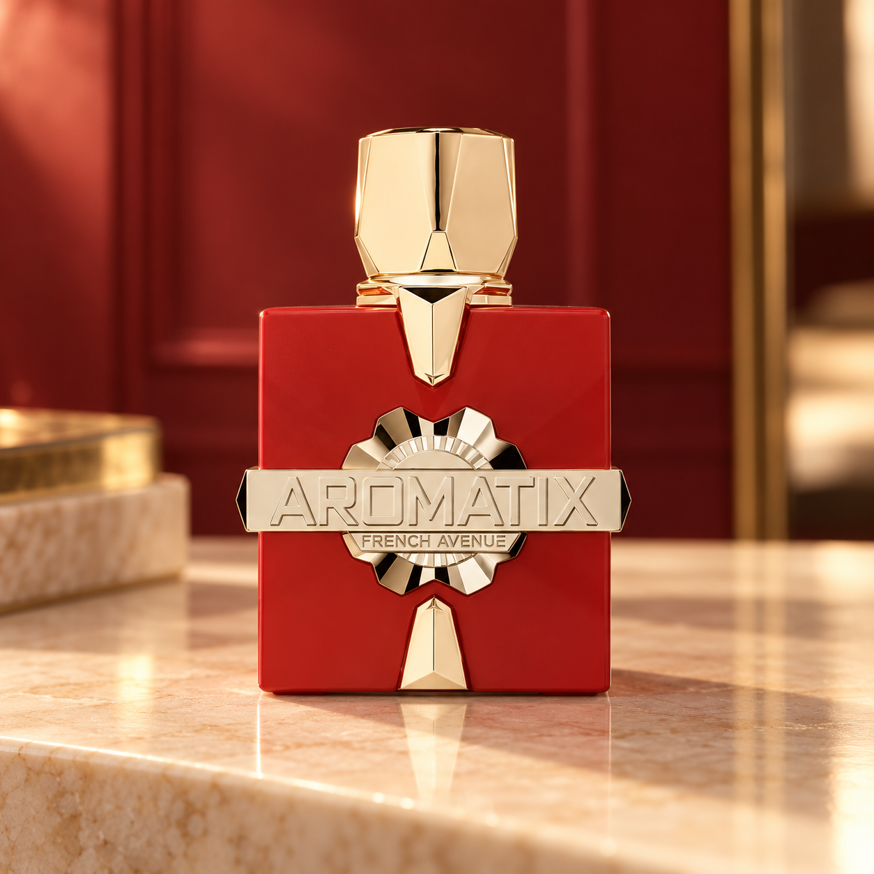 French Avenue Aromatix Carnal Desire 100 ml: Red and gold bottle on a reflective wooden surface in a burgundy interior