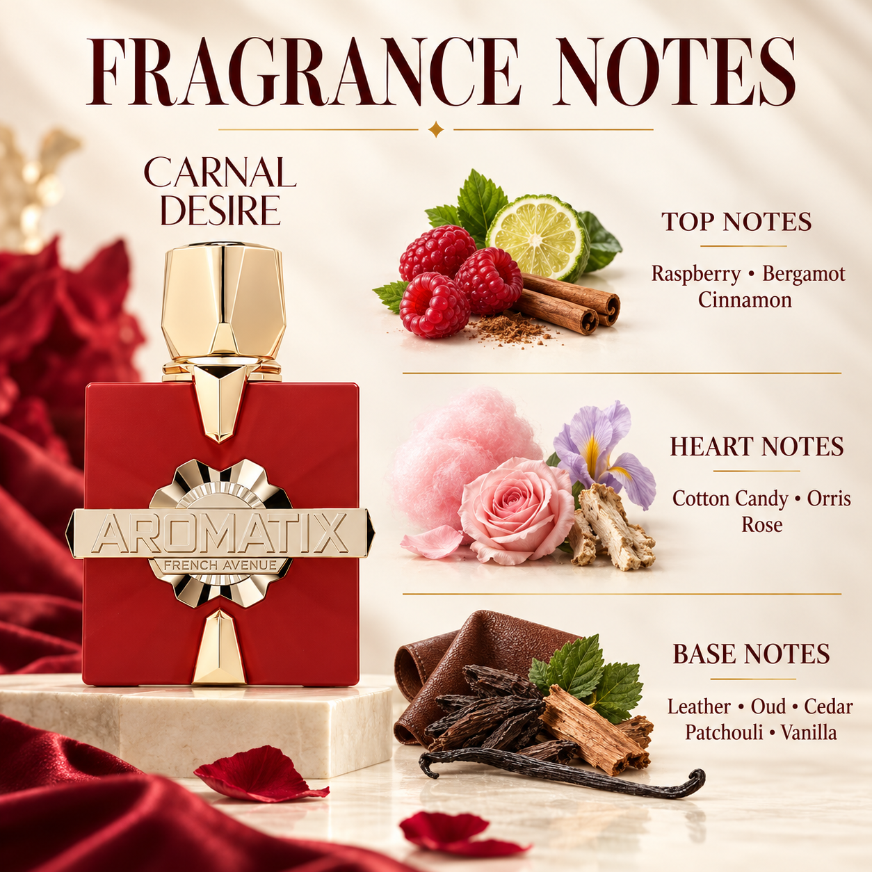 French Avenue Aromatix Carnal Desire 100 ml: Fragrance notes infographic with a red bottle and illustrated fruit, flowers and woods