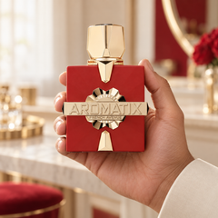 French Avenue Aromatix Carnal Desire 100 ml: Hand holding the red bottle with gold details in a warm interior