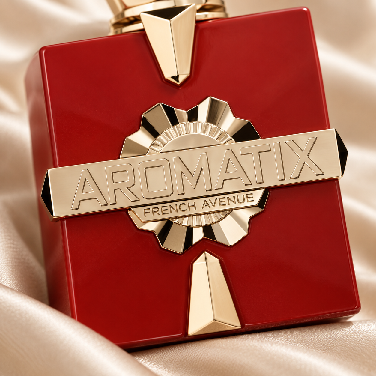 French Avenue Aromatix Carnal Desire 100 ml: Close-up of the gold Aromatix plaque on the red bottle