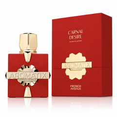 French Avenue Aromatix Carnal Desire 100 ml: Red bottle with a gold cap and gold Aromatix plaque beside its box on a white background