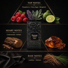 A dark charcoal-colored scented candle labeled 'Noiré Absolu' centered on a black background with gold lines and text. The image includes illustrated or photographed scent notes: top notes with raspberries, lavender, bergamot, cedarwood, and amber; base notes with leather and vetiver.