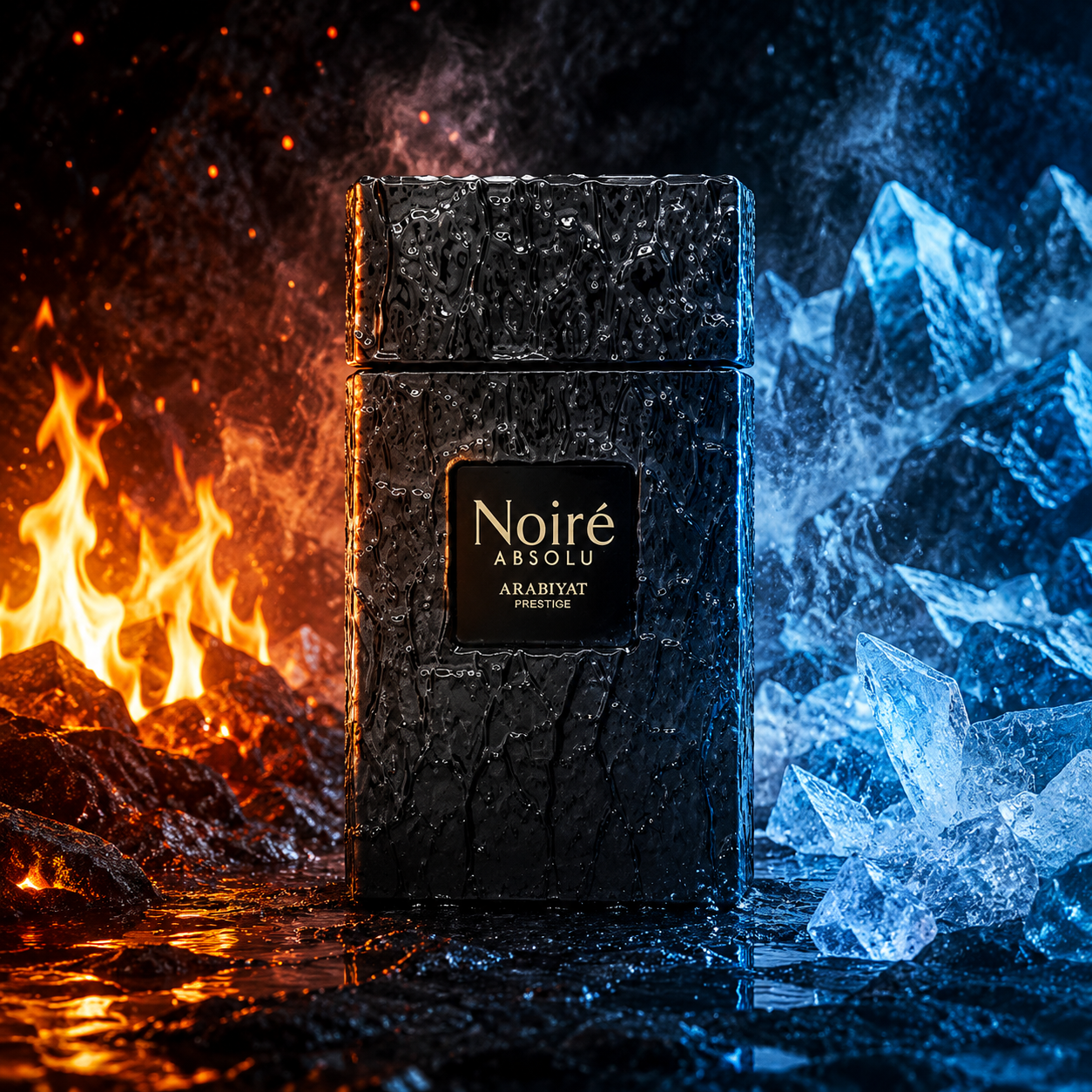 A dark textured rectangular product box labeled 'Noiré ABSOLU Aromat Proust' stands centered between fiery orange flames on the left and icy blue crystals on the right, with steam and reflective water around the base.