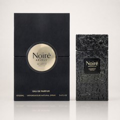 Noiré Absolu by Arabiyat Prestige perfume shown with its black rectangular box and the textured black spray bottle on a light gray background.