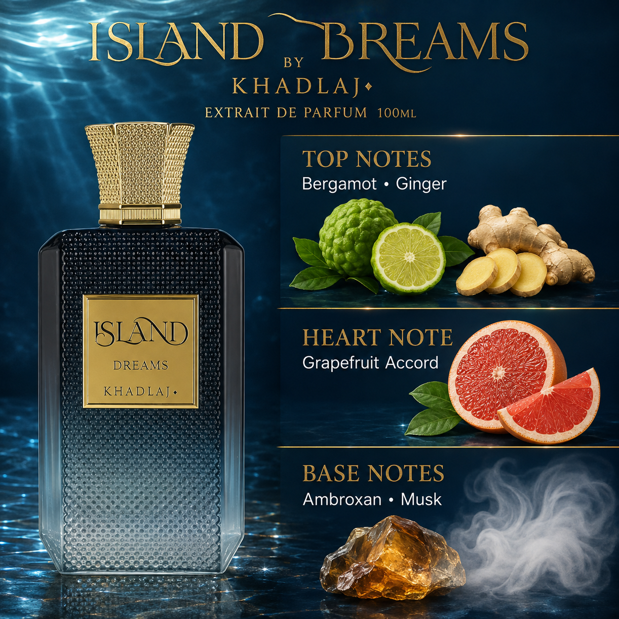 A 100ml bottle of Island by Khadlaj Extrait de Parfum is shown against a dark blue water-themed background. The bottle is dark gray/black with a textured pattern and a gold cap and label.