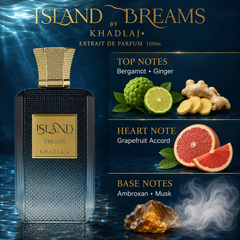 A 100ml bottle of Island by Khadlaj Extrait de Parfum is shown against a dark blue water-themed background. The bottle is dark gray/black with a textured pattern and a gold cap and label.