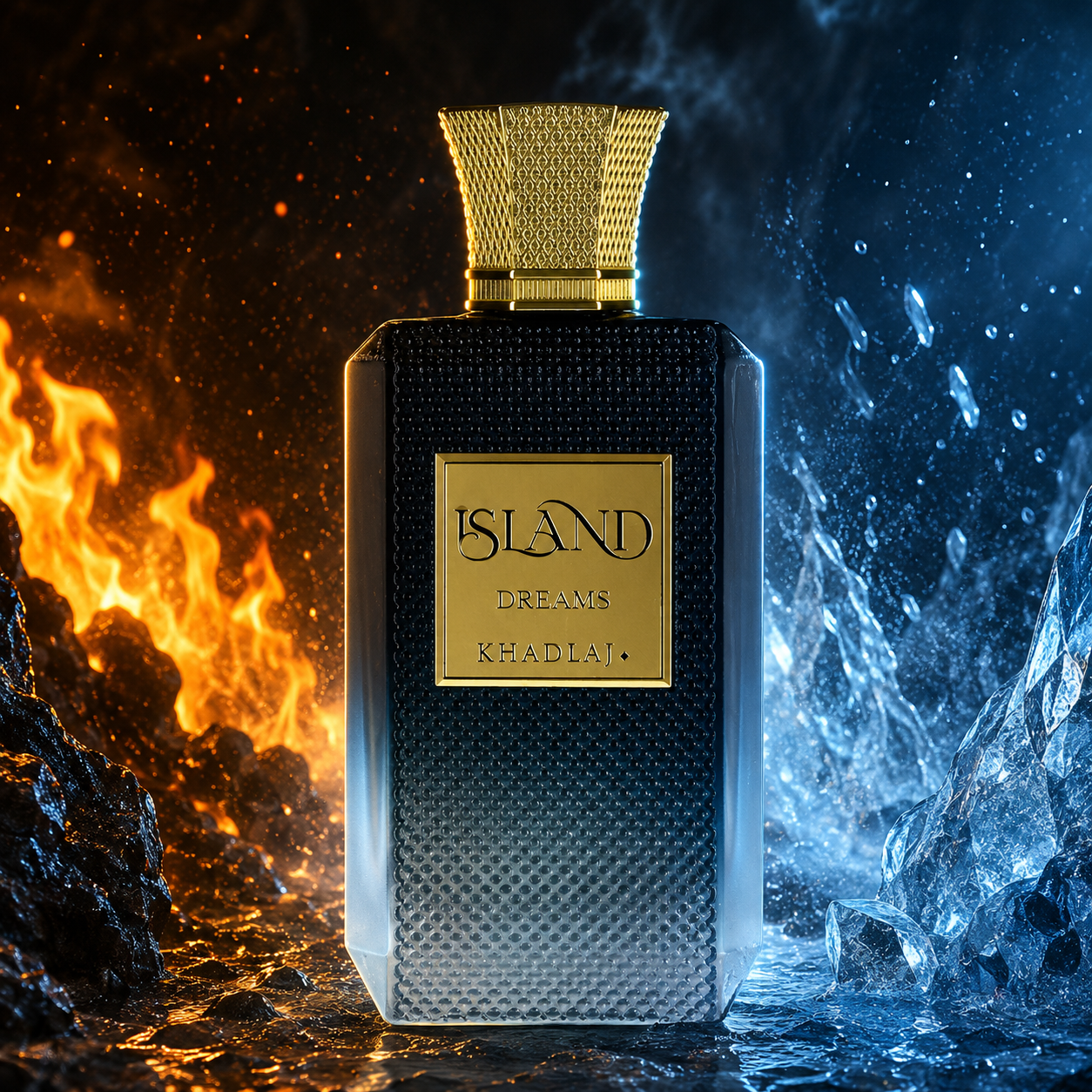 A luxury perfume bottle labeled 'ISLAND DREAMS KHADLAJ' stands centered between dramatic fire on the left and icy water on the right. The bottle has a dark textured body with a metallic gold cap and gold label, set against a split fiery-blue and orange background.