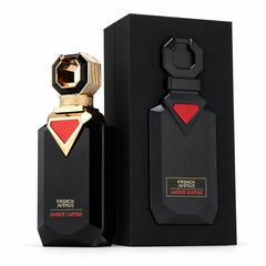 French Avenue Amber Empire 100 ml: Black bottle with a gold stopper and red triangle beside its box on a white background