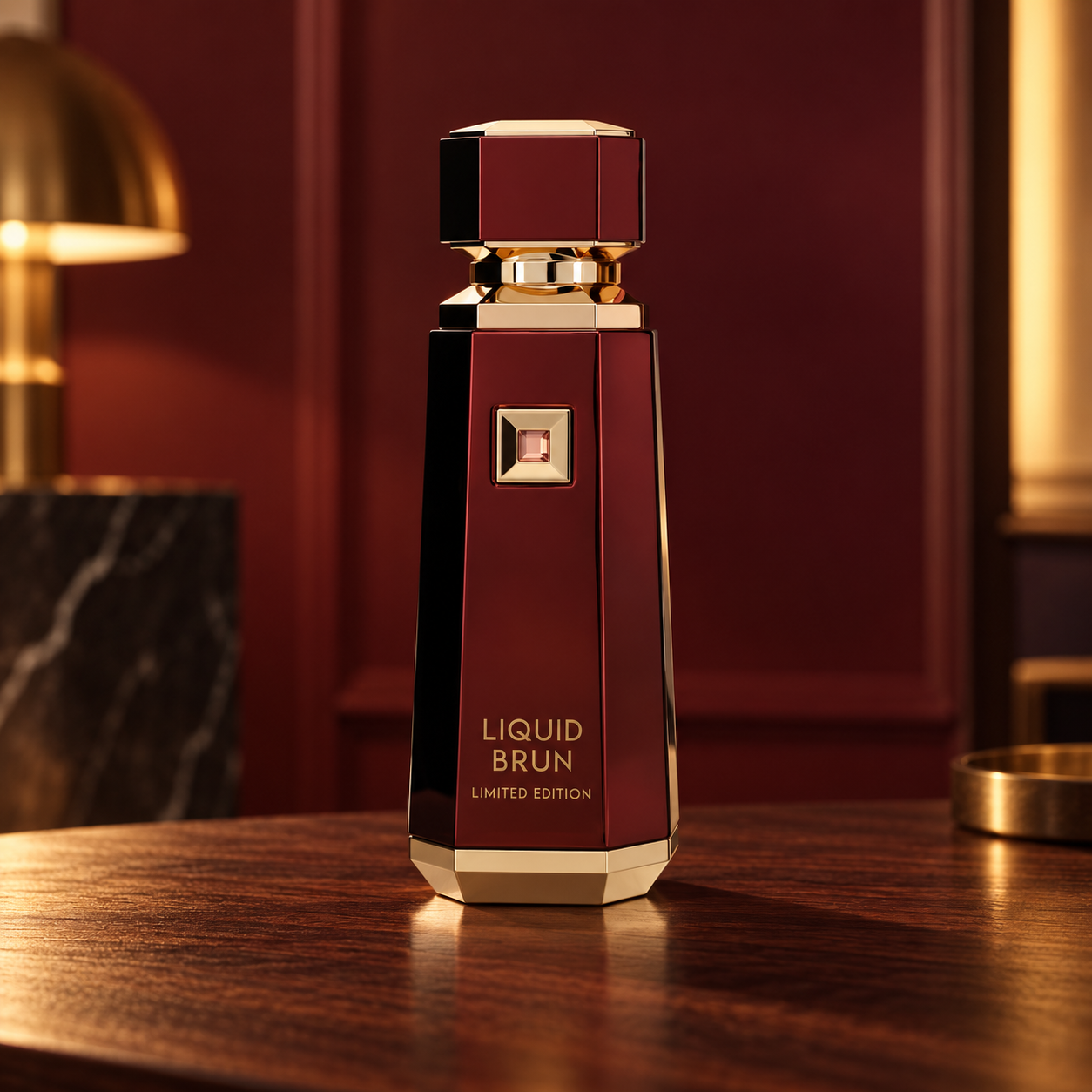 French Avenue Liquid Brun Limited Edition 150 ml: Burgundy and gold bottle on a dark wooden surface in a warm red interior