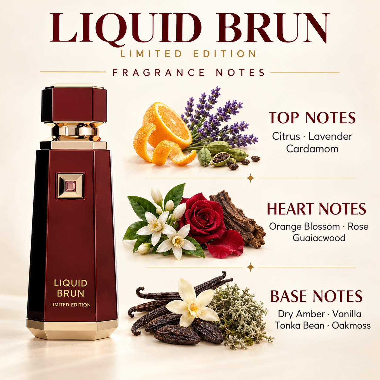 French Avenue Liquid Brun Limited Edition 150 ml: Fragrance pyramid graphic showing citrus, lavender, cardamom, florals and an amber base