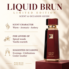 French Avenue Liquid Brun Limited Edition 150 ml: Scent and occasion guide highlighting aromatic notes, warm woods and vanilla