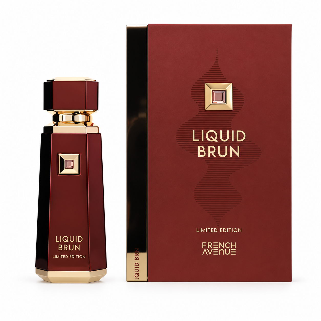 French Avenue Liquid Brun Limited Edition 150 ml: Burgundy and gold bottle beside its matching box on a white background
