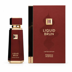 French Avenue Liquid Brun Limited Edition 150 ml: Burgundy and gold bottle beside its matching box on a white background
