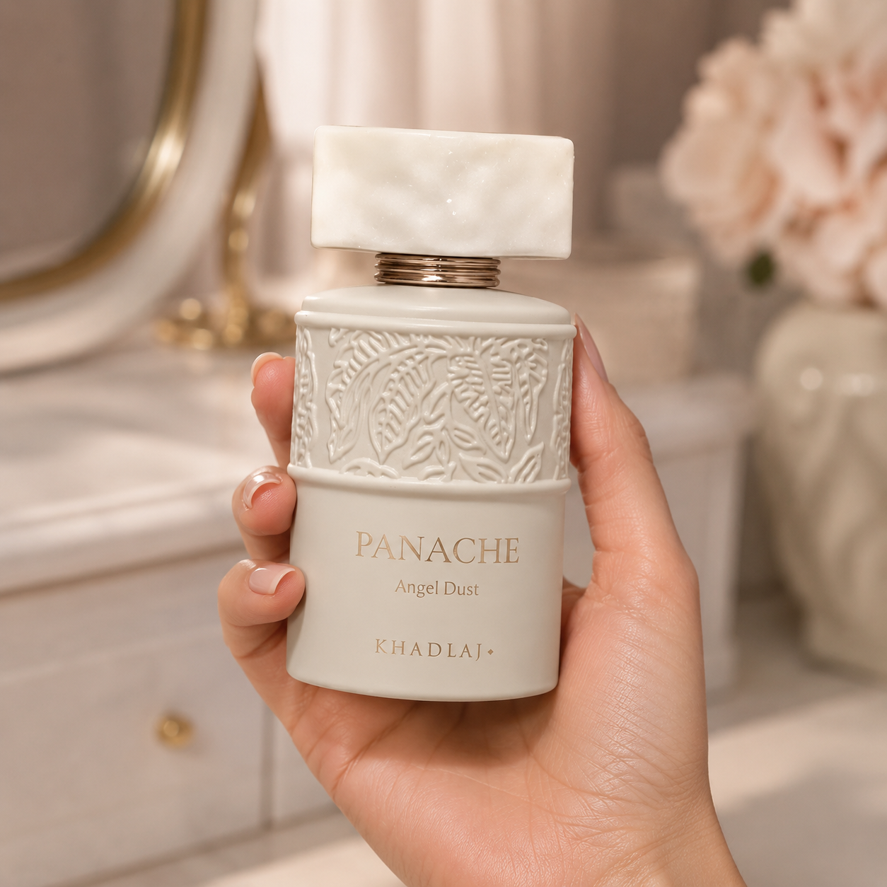 A hand holding a white perfume bottle labeled 'PANACHE Angel Dust' by the brand 'Khadlaj'. The bottle features an embossed floral pattern on the upper half and a smooth white cap, set against a softly blurred vanity background.