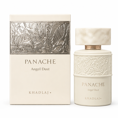 Panache Angel Dust perfume by Khadlaj, shown with its cream-colored packaging box and matching cylindrical bottle featuring embossed floral detailing and a textured cream cap.
