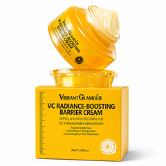 Vibrant Glamour VC Radiance-Boosting Barrier Cream in a bright yellow jar with a thick cream swirl, shown with its matching yellow box on a white background.