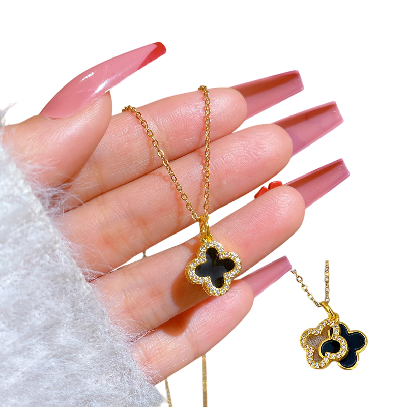 Zircon Shell Four-leaf Clover Double Layer Pendant Necklace Double