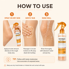 An instructional graphic titled 'HOW TO USE' for Dr. Melaxin Peel Shot, showing three numbered steps with close-up body shots: spray on dry skin, gently rub, and rinse well.