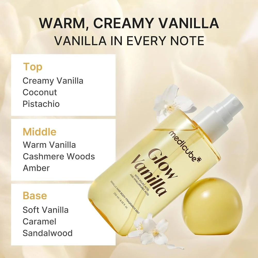 Medicube Glow Vanilla fragrance notes with perfume mist bottle.