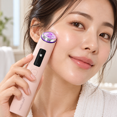 Model using the pink Medicube AGE-R Booster Pro X2 facial device.