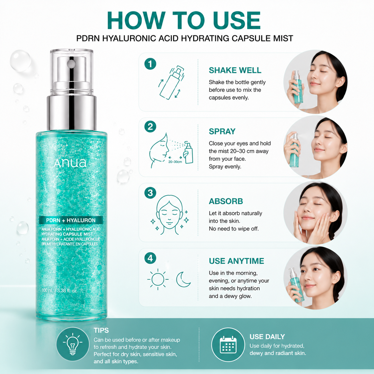 Anua PDRN Hyaluron Capsule Mist 100ml – Hydrating Facial Mist for Glowing Skin Anua