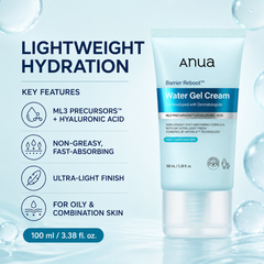 ANUA Barrier Reboot Water Gel Cream 100ml - Korean Lightweight Moisturizer for Oily & Combination Skin Anua
