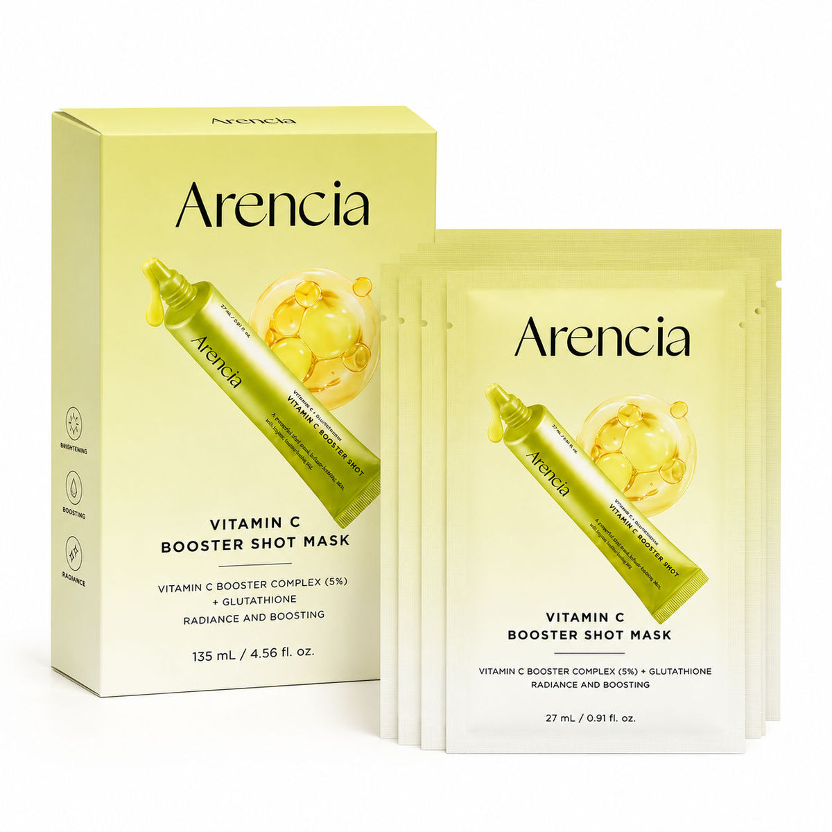 Arencia Vitamin C Booster Shot Mask Box (5x27ml) - Korean Skincare, Hydrating, Brightening, Anti-Aging, Sensitive Skin, Daily Care