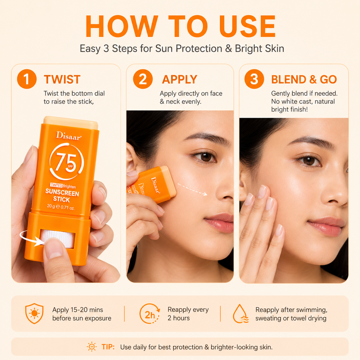 Disaar Tinted Brighten Sunscreen Stick 20g – SPF 50+ Sun Protection DISAAR