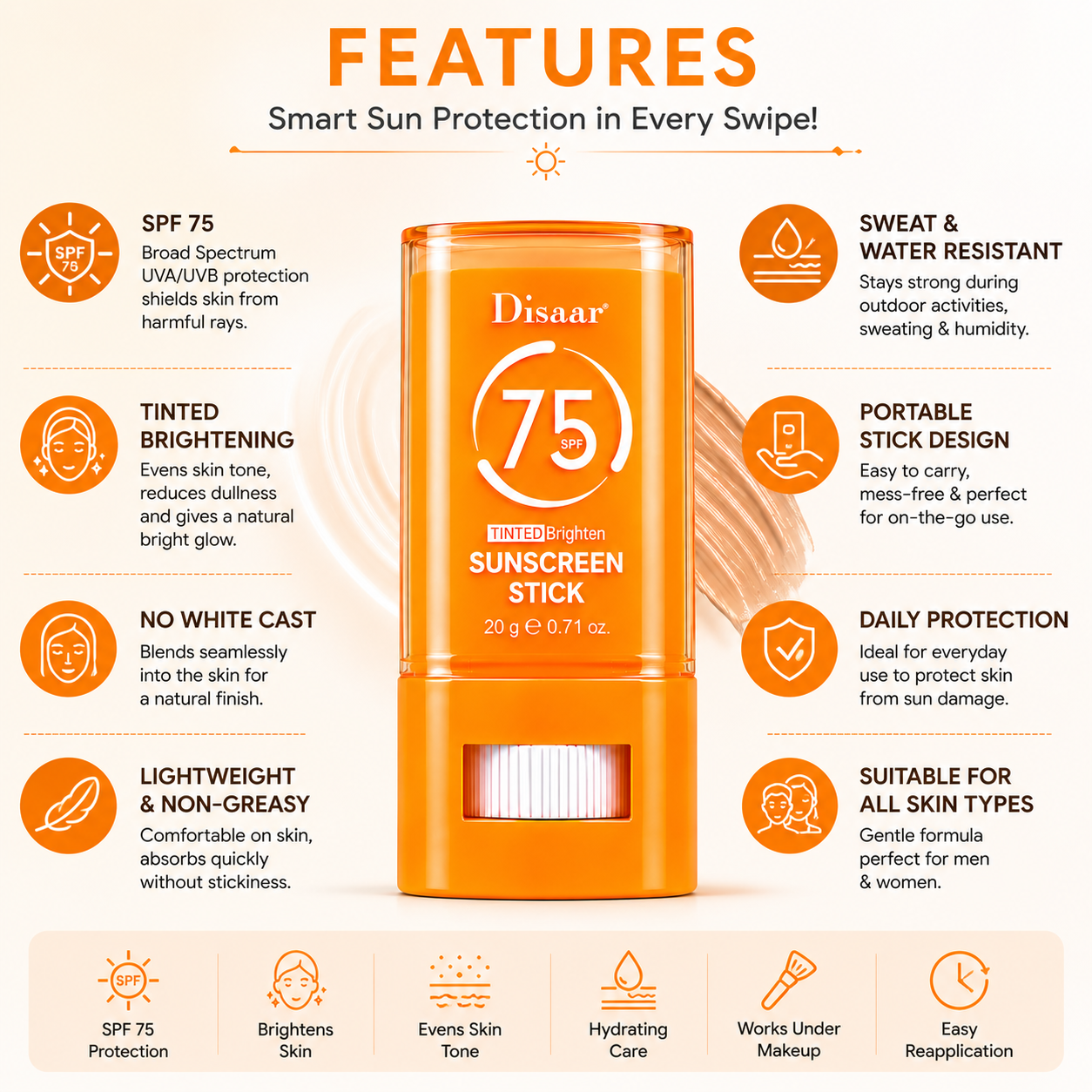 Disaar Tinted Brighten Sunscreen Stick 20g – SPF 50+ Sun Protection DISAAR