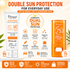 Disaar Sunscreen Duo Set – SPF 90 Sunscreen Cream + SPF 75 Tinted Brighten Sunscreen Stick DISAAR