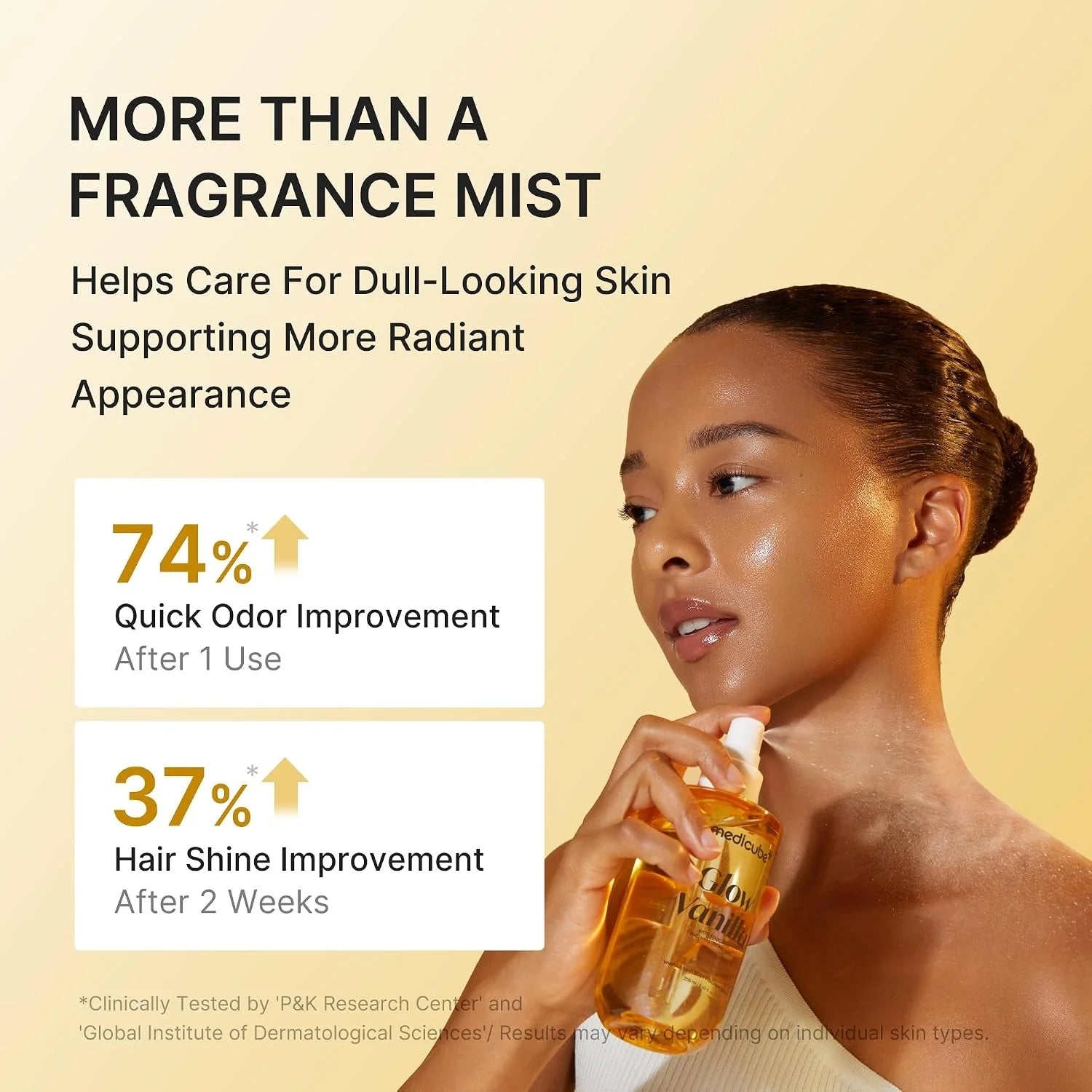 Medicube Glow Vanilla fragrance mist product benefits graphic.