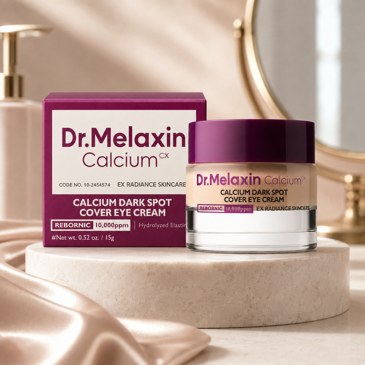 Dr.Melaxin eye cream packaging and creamy texture for targeted under-eye care