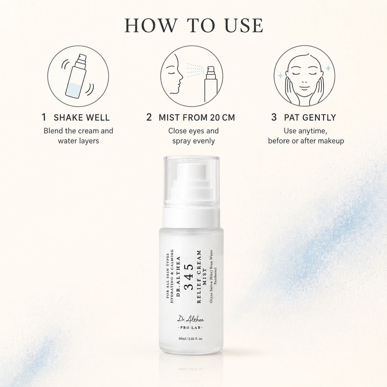A bottle of Dr. Alhama 345 Relief Cream mist centered on a light cream background with a blue powder-splatter effect.