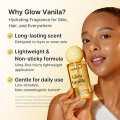 Medicube Glow Vanilla fragrance mist benefits graphic with model.