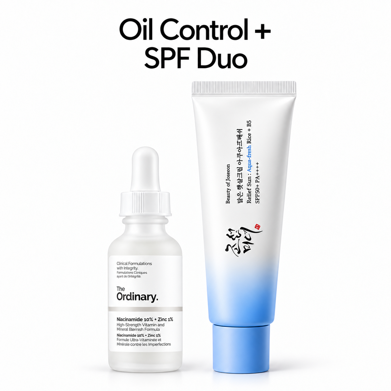 Oil Control + SPF Duo — The Ordinary Niacinamide 10% + Zic 1% - 30ml and Beauty of Joseon Relief Sun Aqua-Fresh: Rice + B5 SPF50+ PA++++ 50ml - Lightweight Korean Sunscreen for Oily Skin