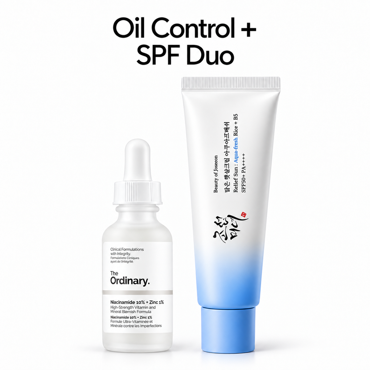 Oil Control + SPF Duo — The Ordinary Niacinamide 10% + Zic 1% - 30ml and Beauty of Joseon Relief Sun Aqua-Fresh: Rice + B5 SPF50+ PA++++ 50ml - Lightweight Korean Sunscreen for Oily Skin